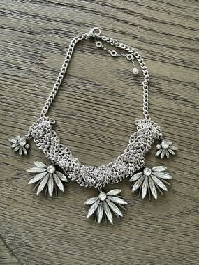 Silver Crystal Statement Necklace - Sparkling Floral Collar